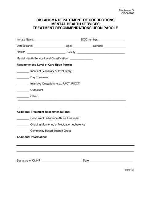 DOC Form OP-060205 Attachment G Oklahoma Department of Corrections Mental Health Services Treatment Recommendations Upon Parole - Oklahoma