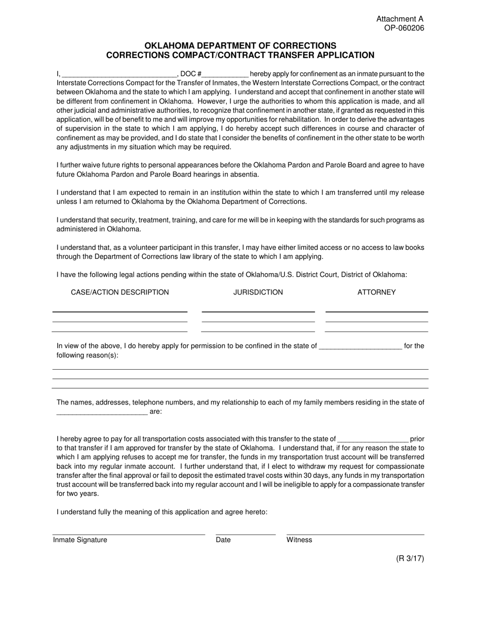 DOC Form OP-060206 Attachment A Corrections Compact / Contract Transfer Application - Oklahoma, Page 1