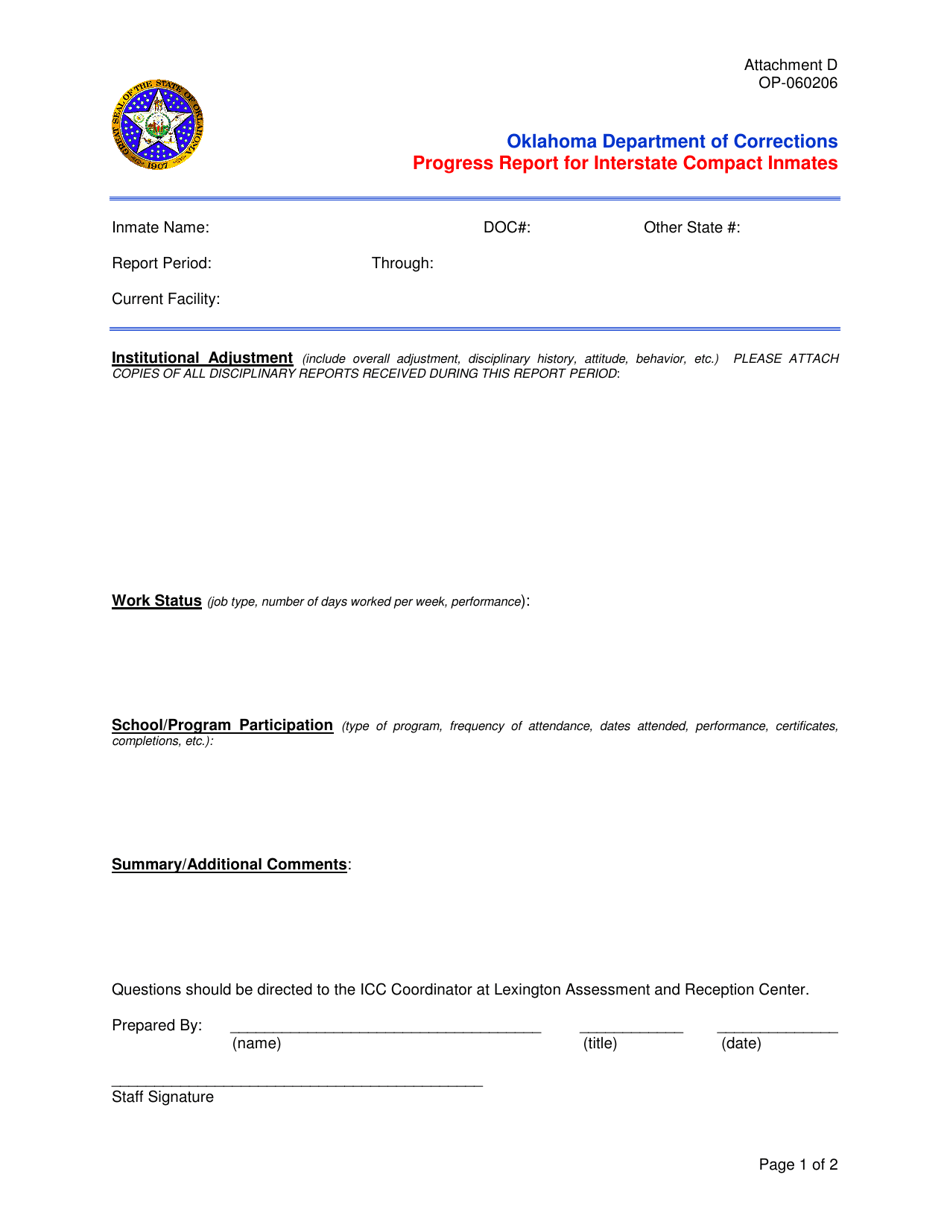 DOC Form OP-060206 Attachment D Progress Report for Interstate Compact Inmates - Oklahoma, Page 1