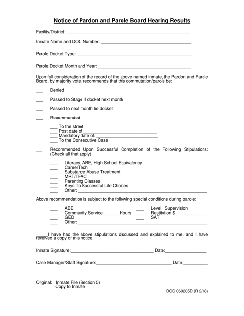 DOC Form OP-060205 D Notice of Pardon and Parole Board Hearing Results - Oklahoma