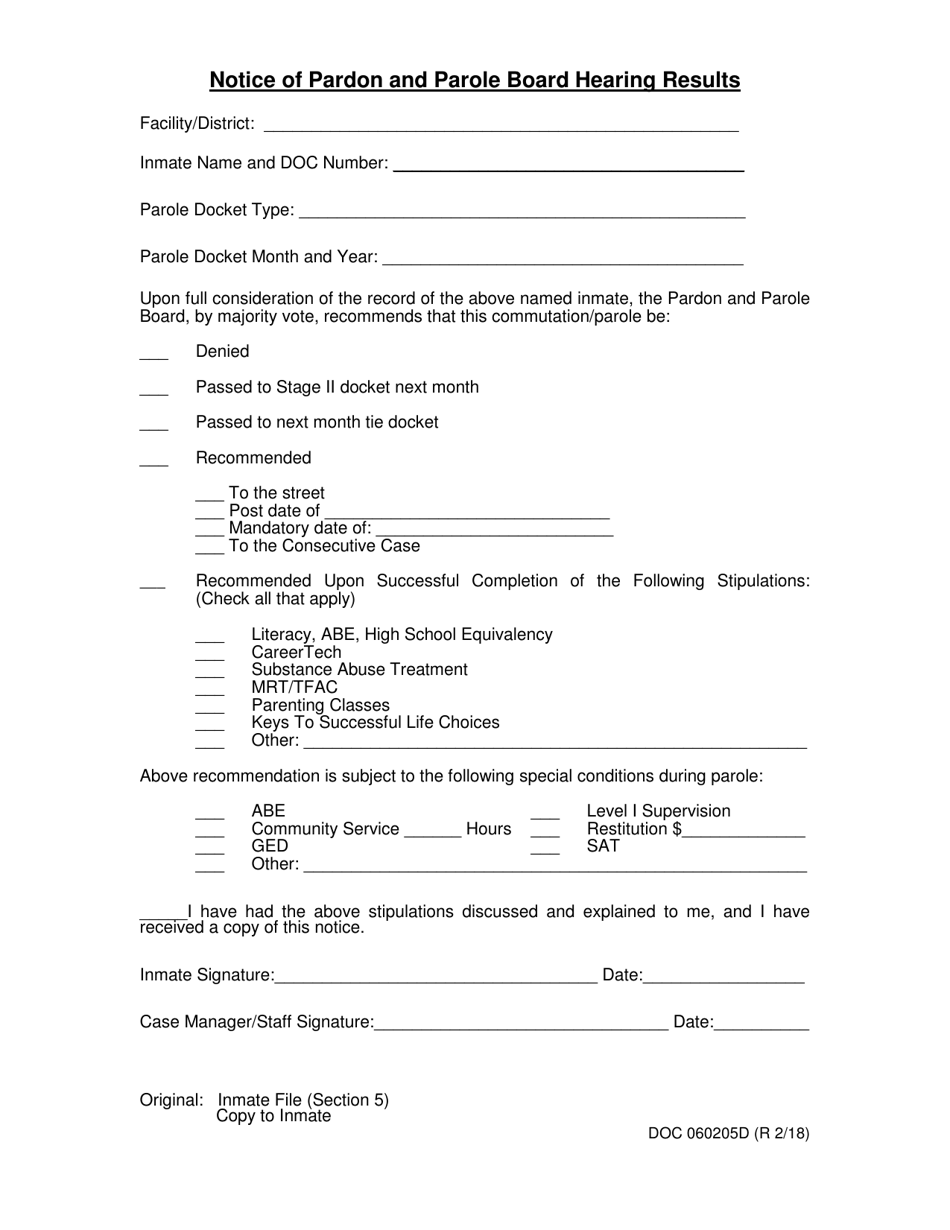 DOC Form OP-060205 D Notice of Pardon and Parole Board Hearing Results - Oklahoma, Page 1