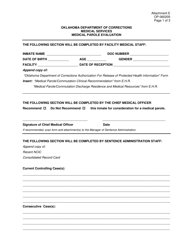 Document preview: DOC Form OP-060205 Attachment E Oklahoma Department of Corrections Medical Services Medical Parole Evaluation - Oklahoma