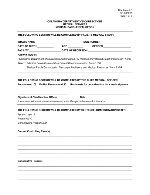 DOC Form OP-060205 Attachment E Oklahoma Department of Corrections Medical Services Medical Parole Evaluation - Oklahoma