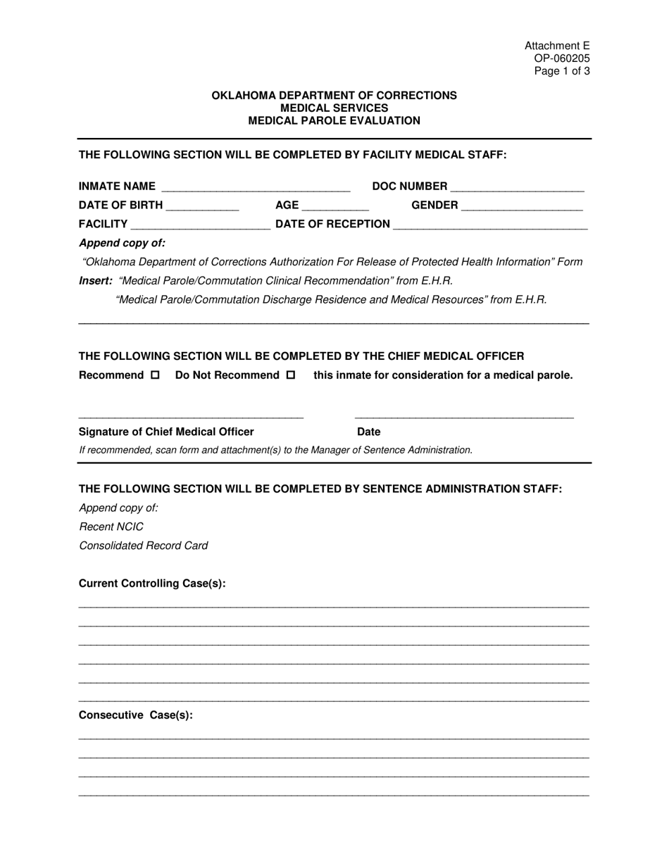 DOC Form OP-060205 Attachment E Oklahoma Department of Corrections Medical Services Medical Parole Evaluation - Oklahoma, Page 1