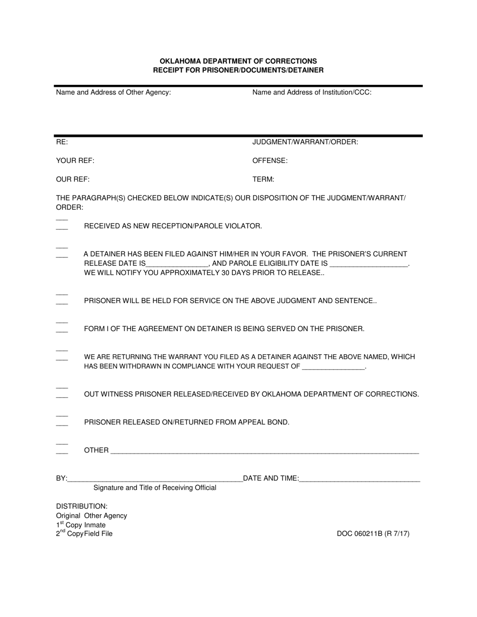 DOC Form 060211B Receipt for Prisoner / Documents / Detainer - Oklahoma, Page 1