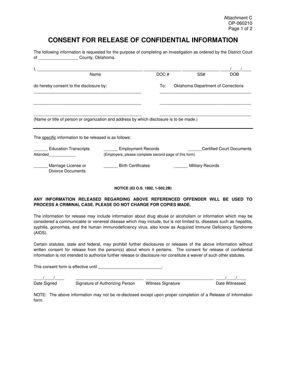 DOC Form OP-060210 Attachment C Consent for Release of Confidential Information - Oklahoma, Page 1