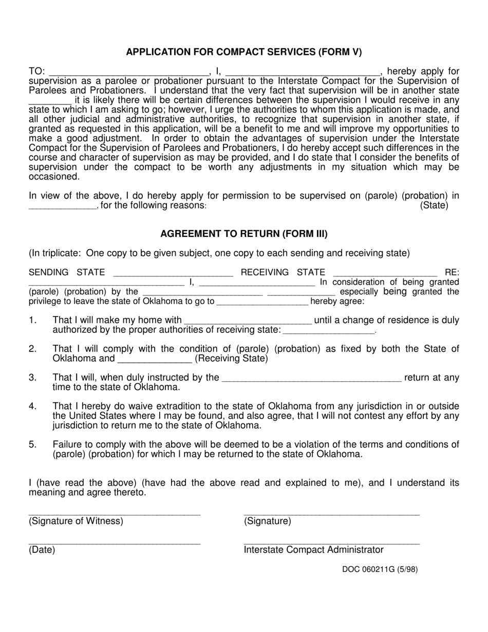 DOC Form 060211G Application for Compact Services (Form V) - Oklahoma, Page 1