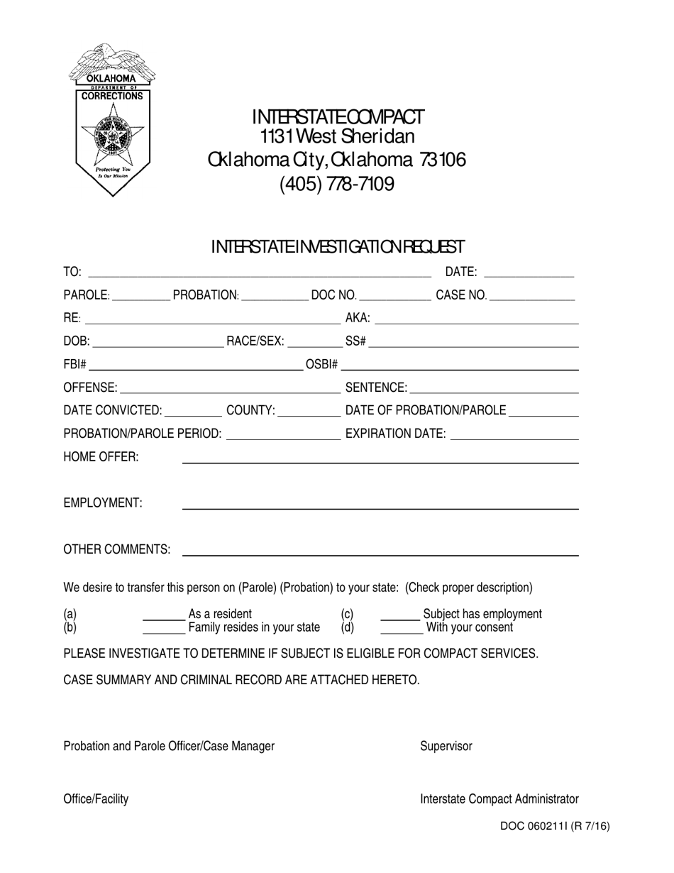DOC Form 060211I Interstate Investigation Request - Oklahoma, Page 1