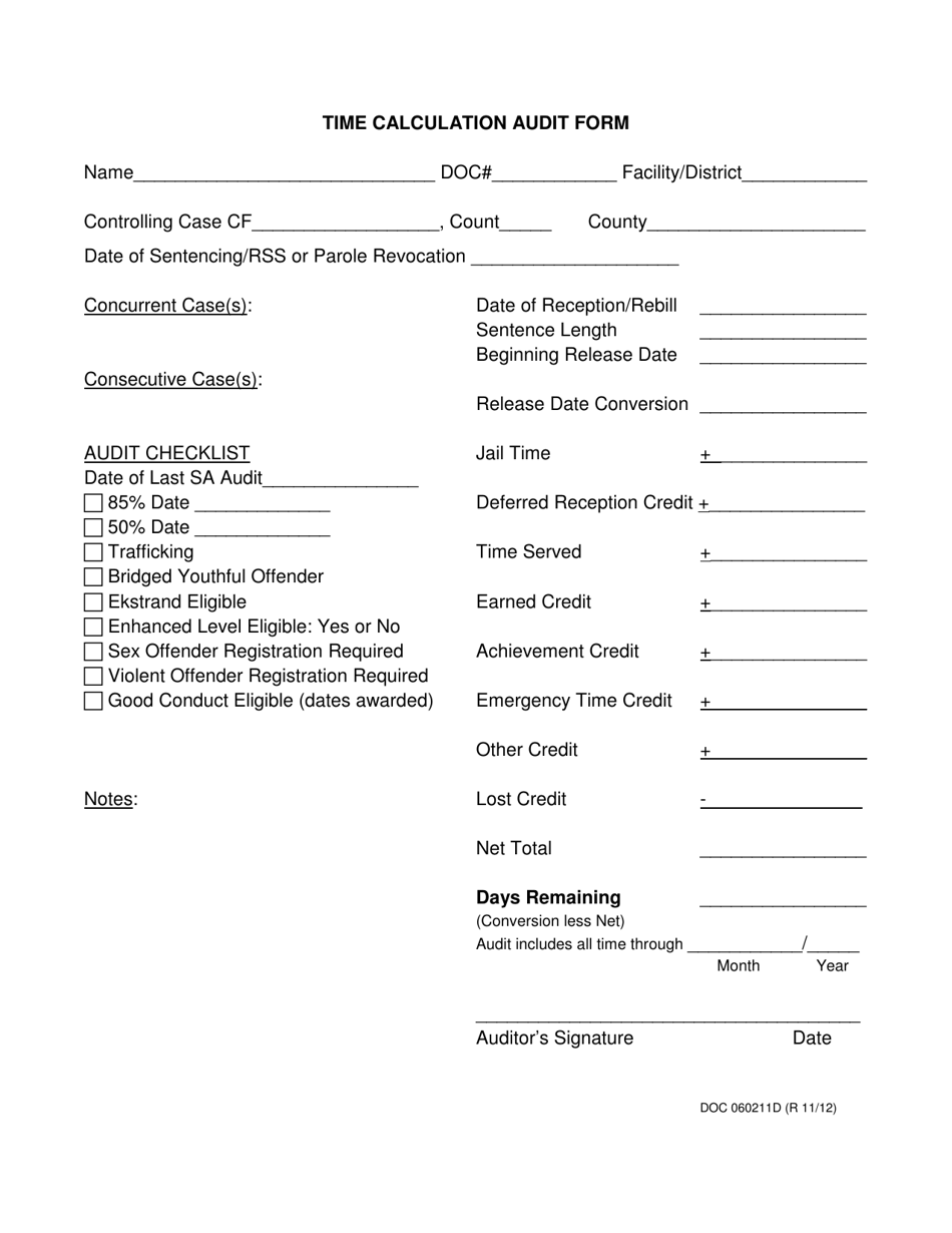 DOC Form 060211D Time Calculation Audit Form - Oklahoma, Page 1