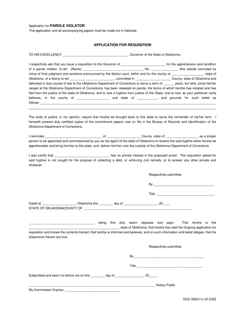 DOC Form 060211J Application for Requisition for Parole Violator - Oklahoma