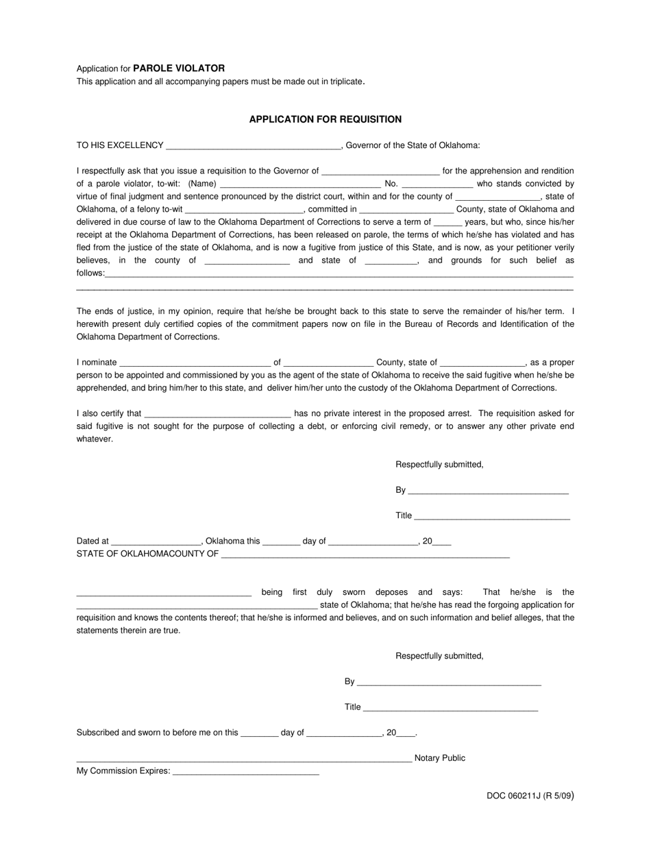 DOC Form 060211J Application for Requisition for Parole Violator - Oklahoma, Page 1
