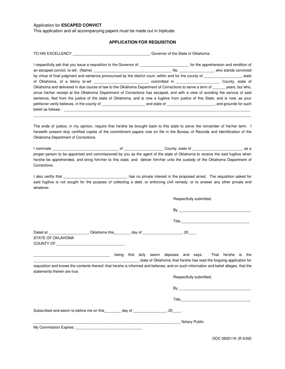 DOC Form 060211K Application for Requisition for Escaped Convict - Oklahoma, Page 1
