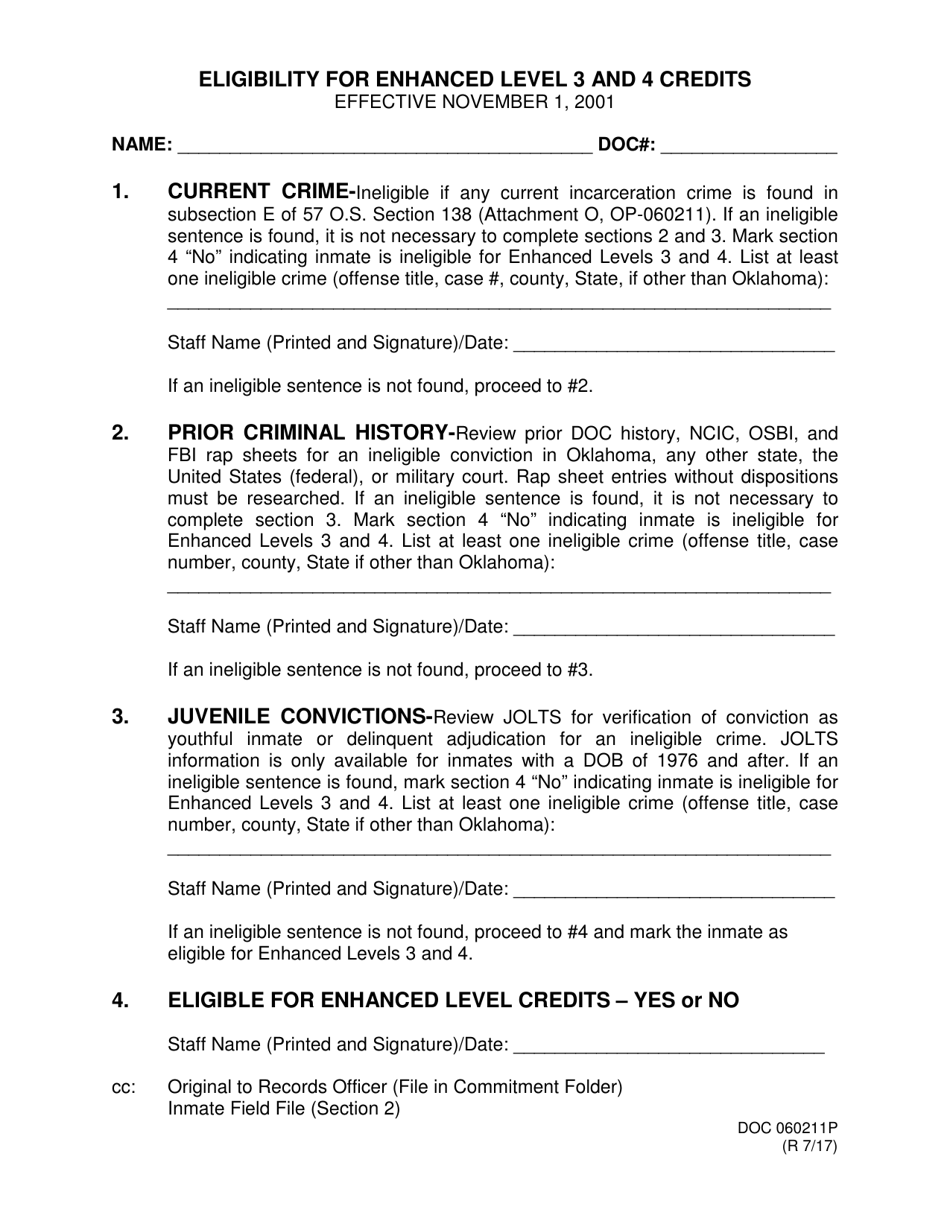 DOC Form OP-060211 P Eligibility for Enhanced Level 3 and 4 Credits - Oklahoma, Page 1