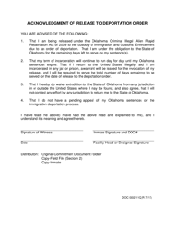 Document preview: DOC Form 060211Q Acknowledgment of Release to Deportation Order - Oklahoma