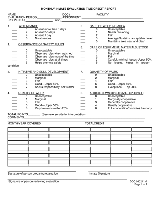 DOC Form 060211M Monthly Inmate Evaluation Time Credit Report - Oklahoma