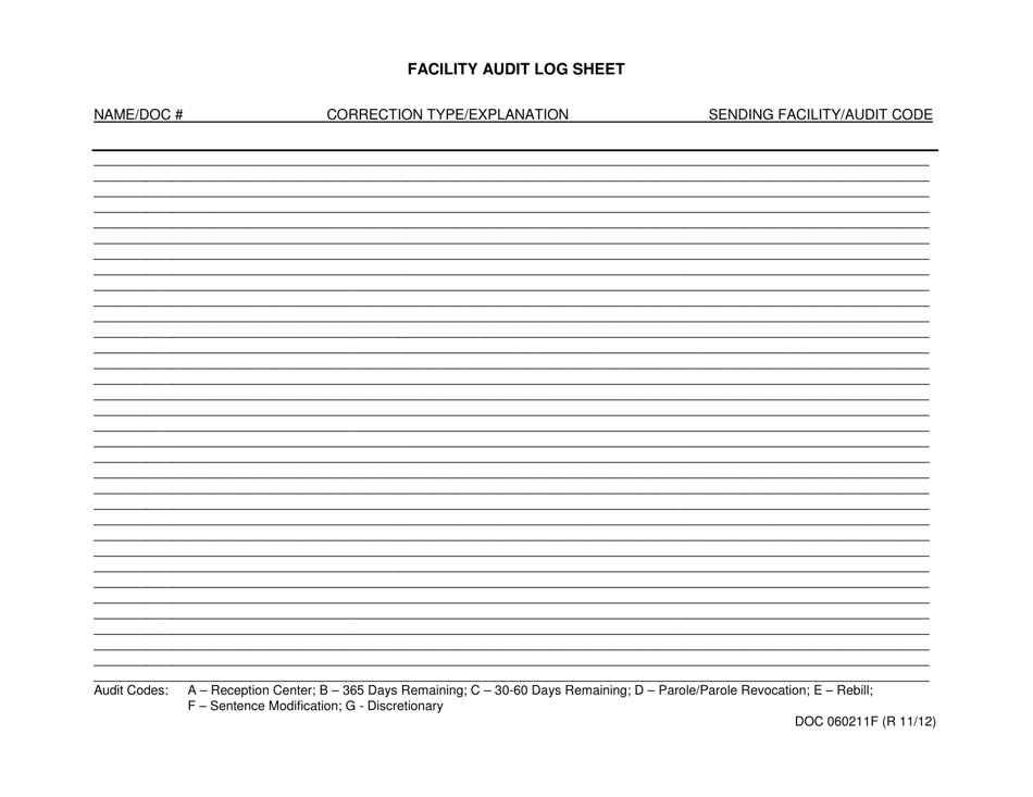 DOC Form 060211F Facility Audit Log Sheet - Oklahoma, Page 1