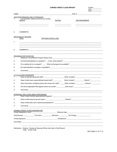 DOC Form 060211L Earned Credit Class Report - Oklahoma