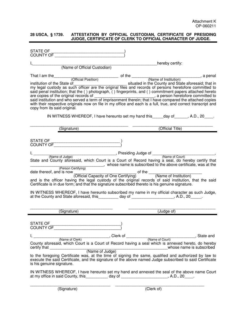 DOC Form OP-060211 Attachment K Attestation by Official Custodian, Certificate of Presiding Judge, Certificate of Clerk to Official Character of Judge - Oklahoma, Page 1