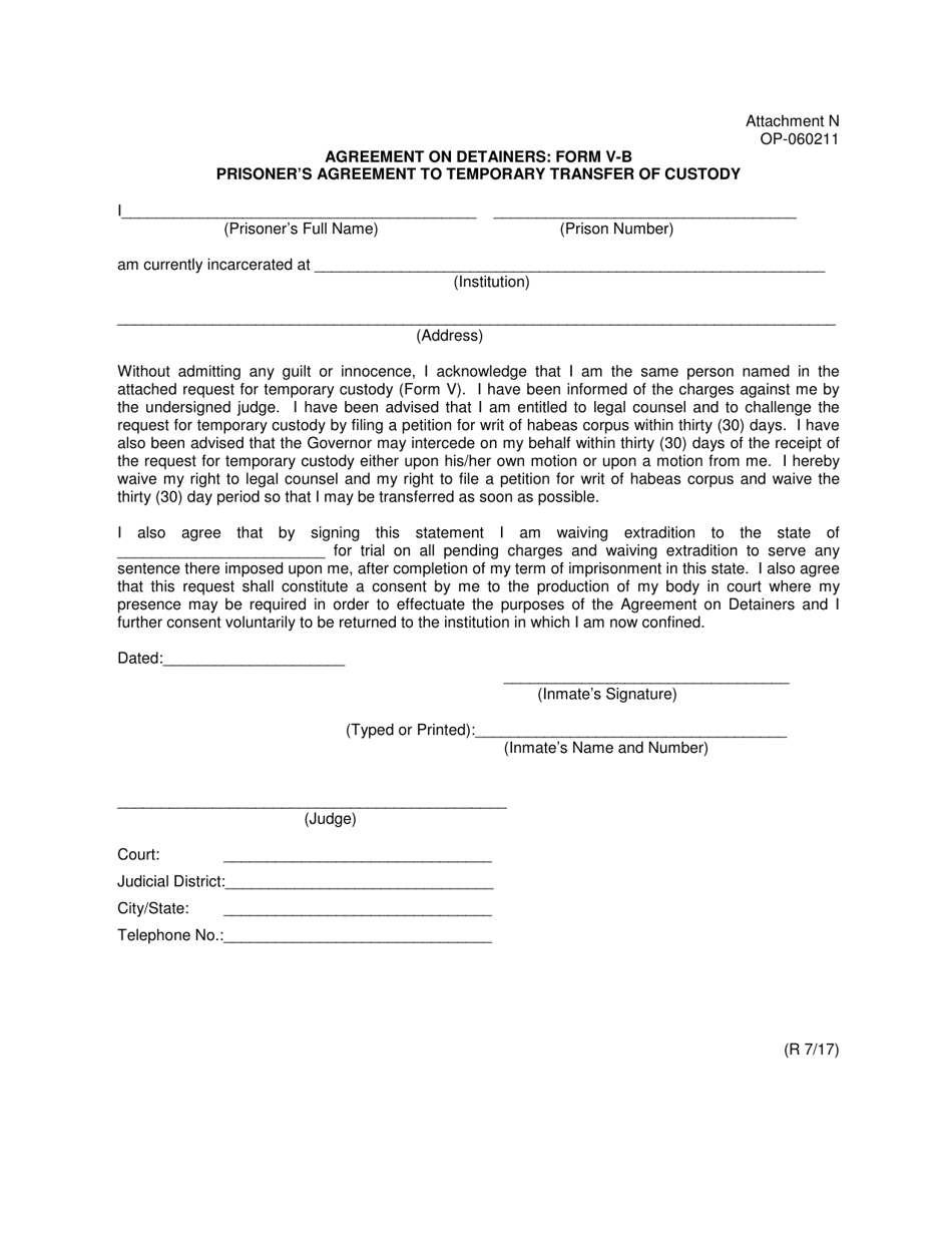 DOC Form OP-060211 Attachment N Prisoners Agreement to Temporary Transfer of Custody - Oklahoma, Page 1