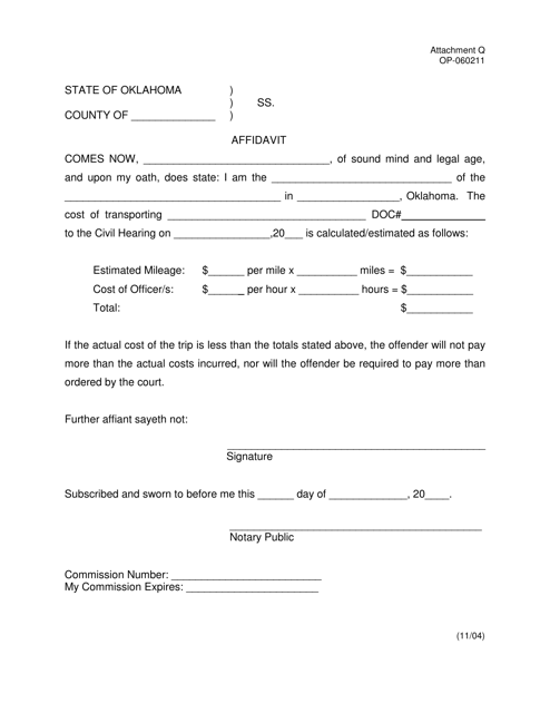 DOC Form OP-060211 Attachment Q Affidavit of Costs - Oklahoma