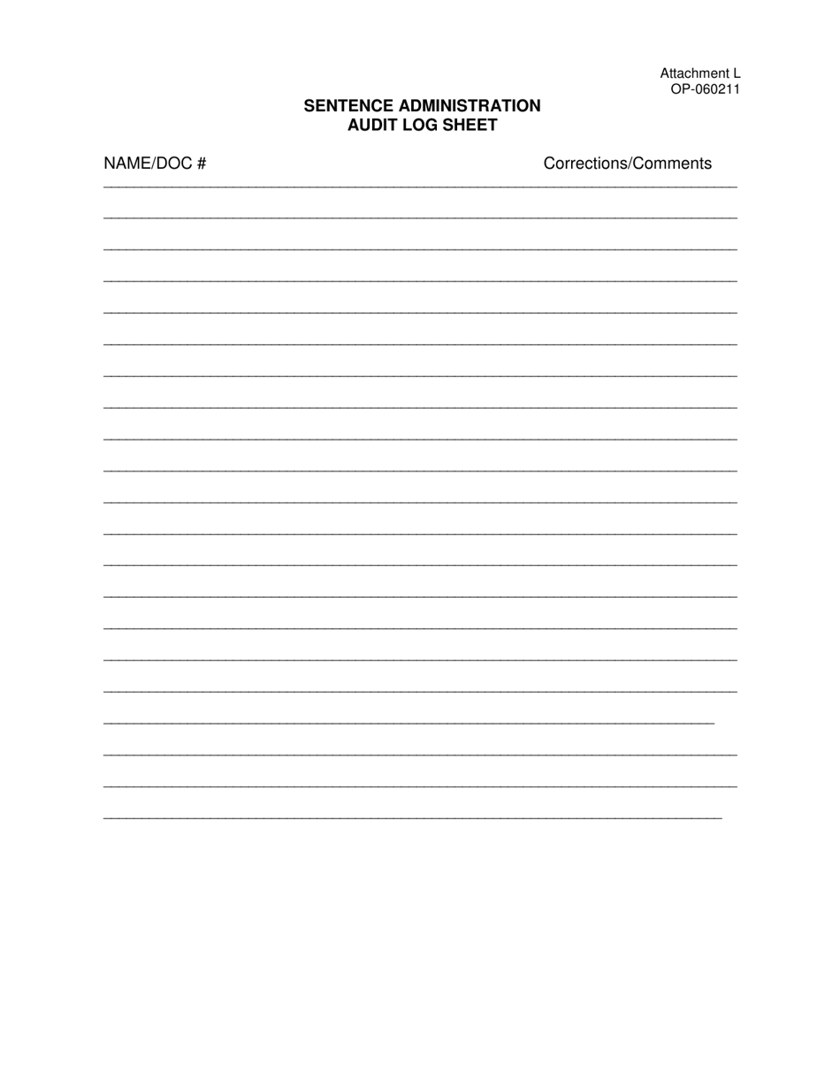 DOC Form OP-060211 Attachment L Sentence Administration Audit Log Sheet - Oklahoma, Page 1
