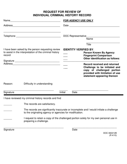 DOC Form 060212B Request for Review of Individual Criminal History Record - Oklahoma