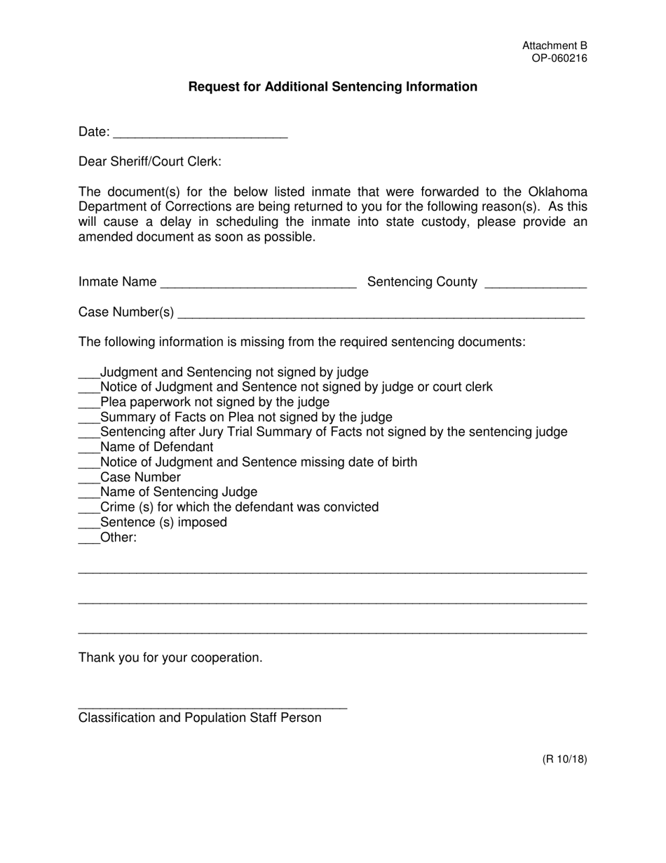DOC Form OP-060216 Attachment B Request for Additional Sentencing Information - Oklahoma, Page 1