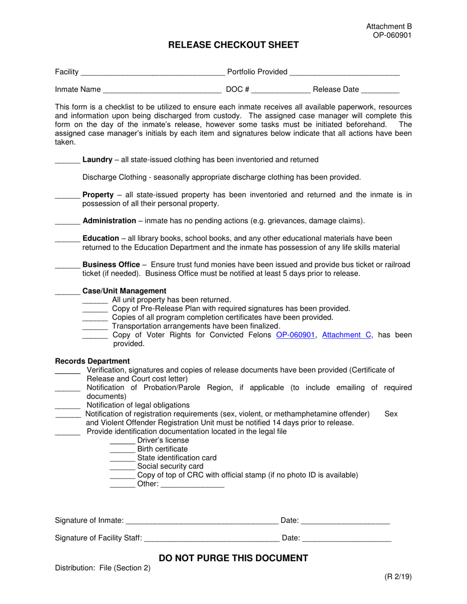 DOC Form OP-060901 Attachment B Release Checkout Sheet - Oklahoma, Page 1