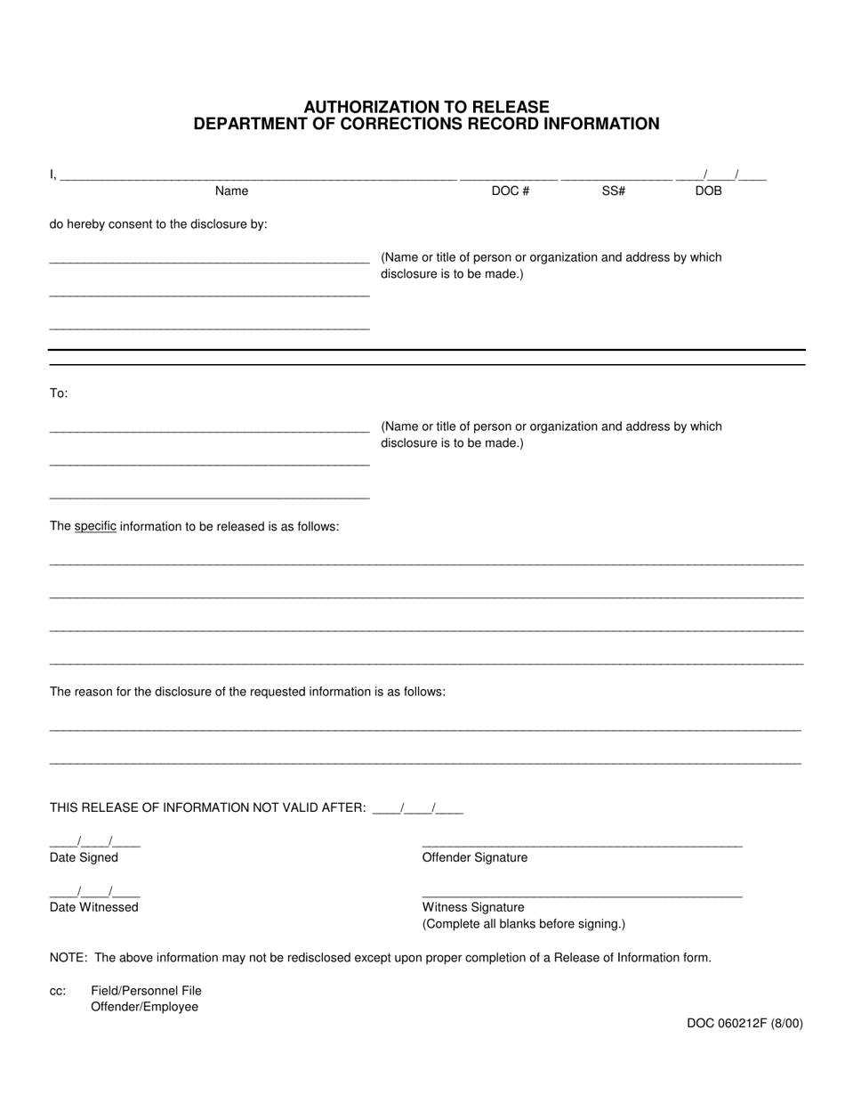 DOC Form 060212F Authorization to Release Department of Corrections Record Information - Oklahoma, Page 1
