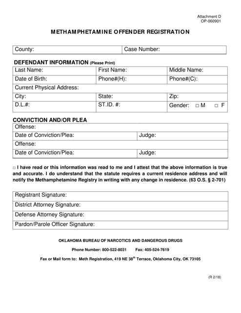 DOC Form OP-060901 Attachment D Methamphetamine Offender Registration - Oklahoma