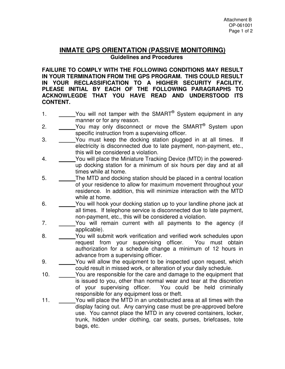 DOC Form OP-061001 Attachment B Inmate Gps Orientation (Passive Monitoring) Guidelines and Procedures - Oklahoma, Page 1