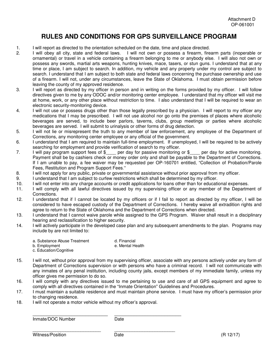DOC Form OP-061001 Attachment D Rules and Conditions for Gps Surveillance Program - Oklahoma, Page 1
