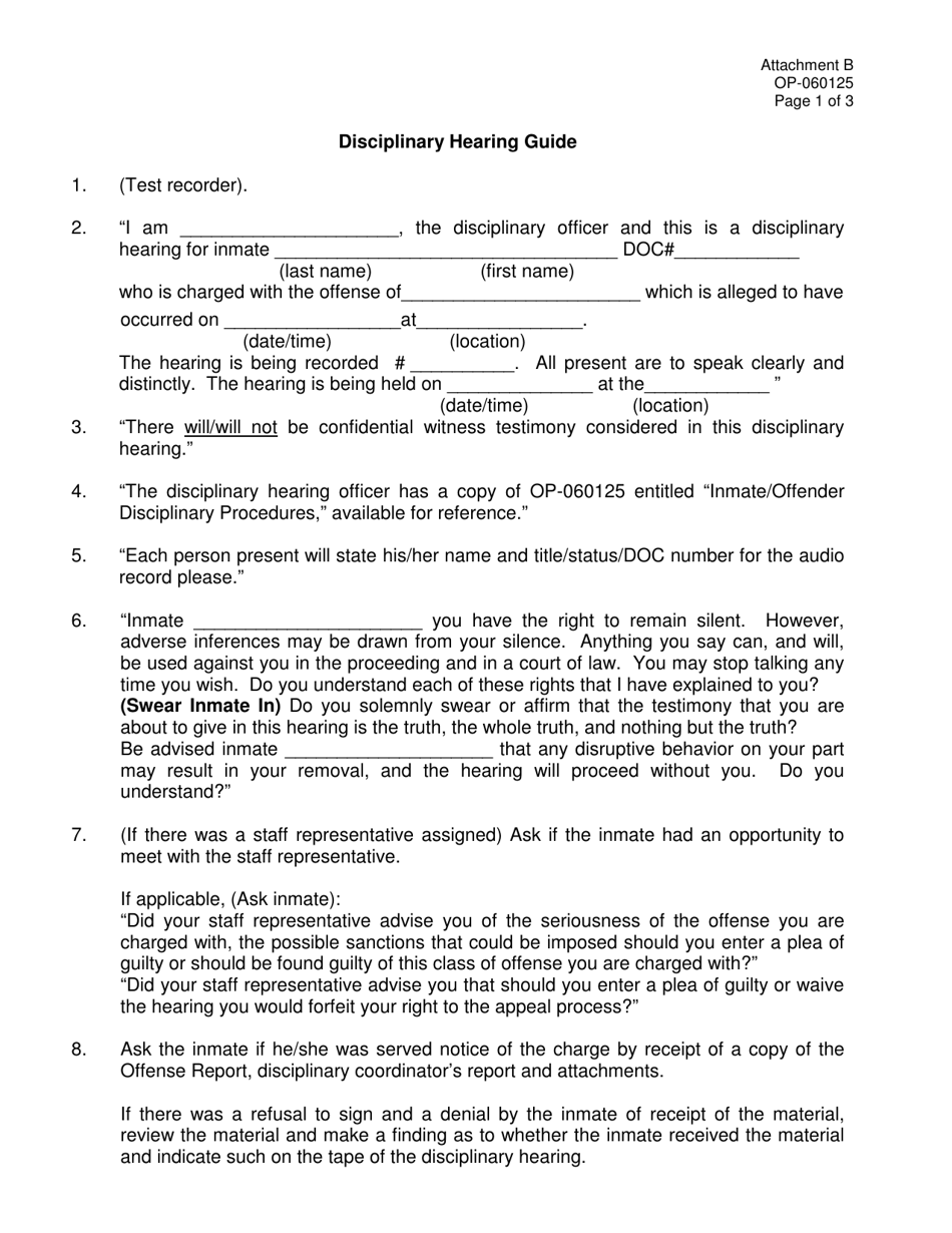 DOC Form OP-060125 Attachment B Disciplinary Hearing Guide - Oklahoma, Page 1