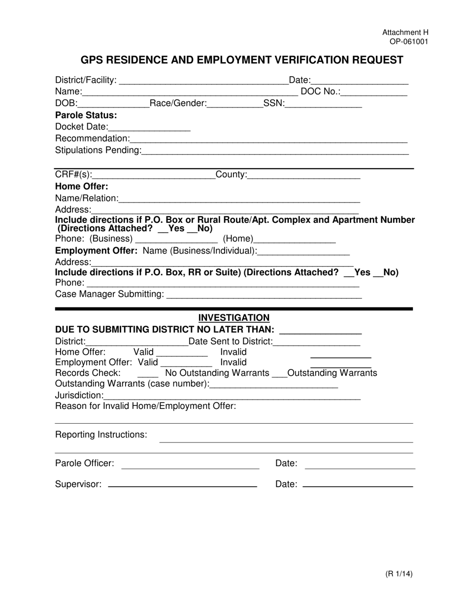DOC Form OP-061001 Attachment H Gps Residence and Employment Verification Request - Oklahoma, Page 1
