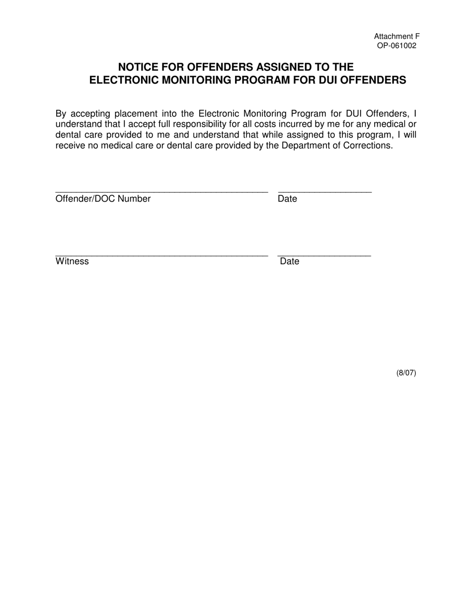DOC Form OP-061002 Attachment F Notice for Offenders Assigned to the Electronic Monitoring Program for Dui Offenders - Oklahoma, Page 1