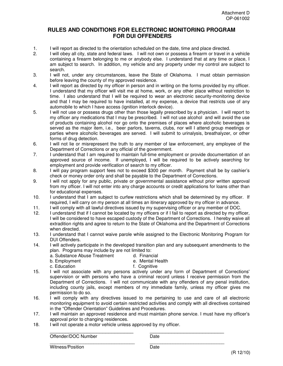 DOC Form OP-061002 Attachment D Rules and Conditions for Electronic Monitoring Program for Dui Offenders - Oklahoma, Page 1