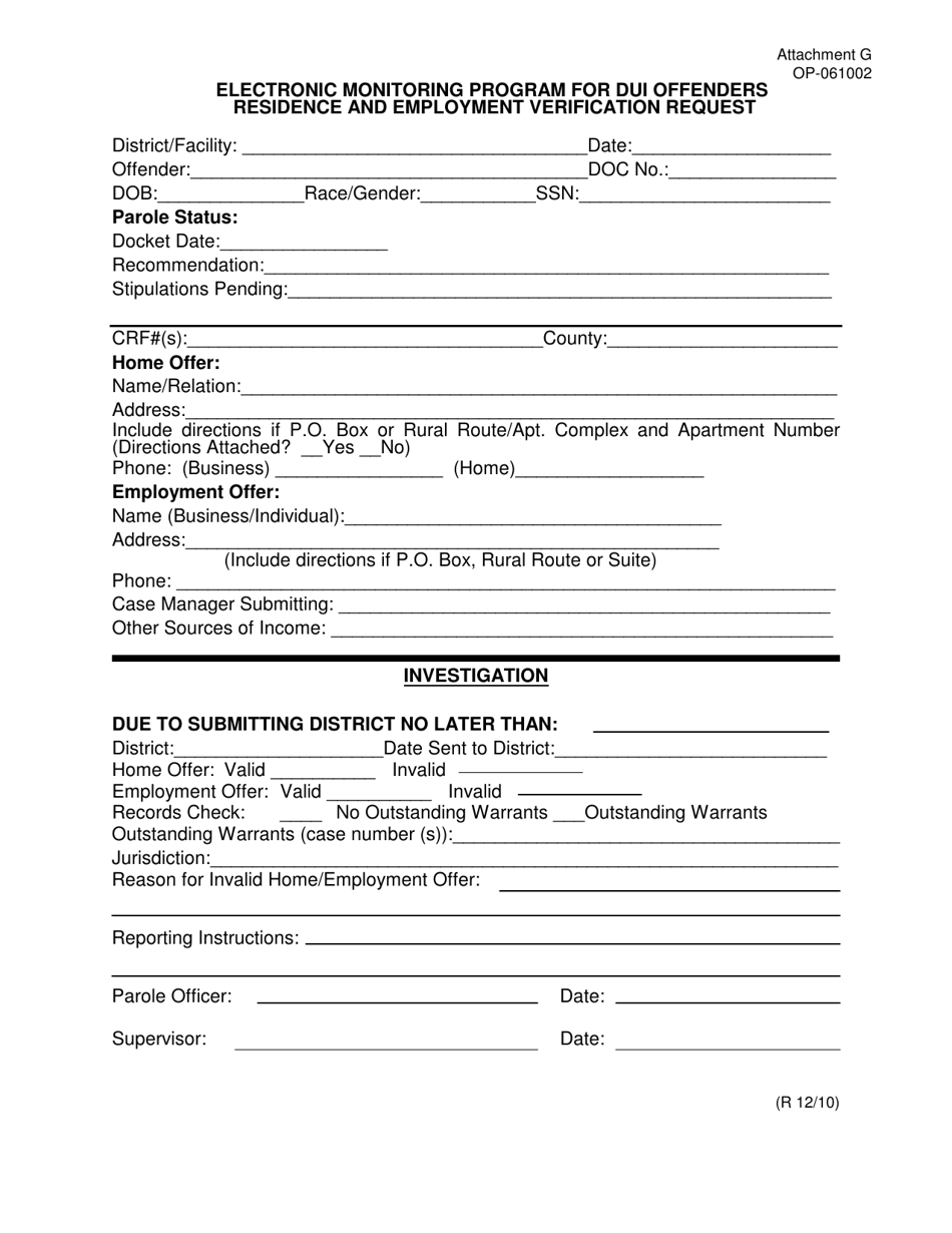 DOC Form OP-061002 Attachment G Electronic Monitoring Program for Dui Offenders Residence and Employment Verification Request - Oklahoma, Page 1