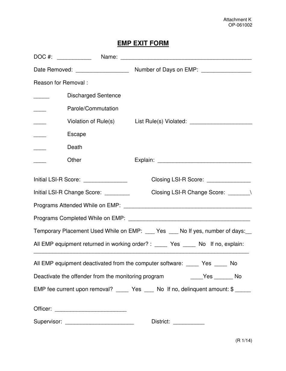 DOC Form OP-061002 Attachment K Emp Exit Form - Oklahoma, Page 1