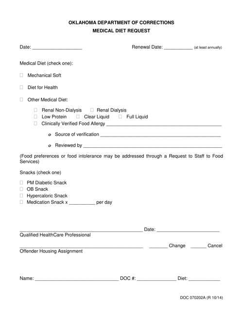 DOC Form 070202A Medical Diet Request - Oklahoma