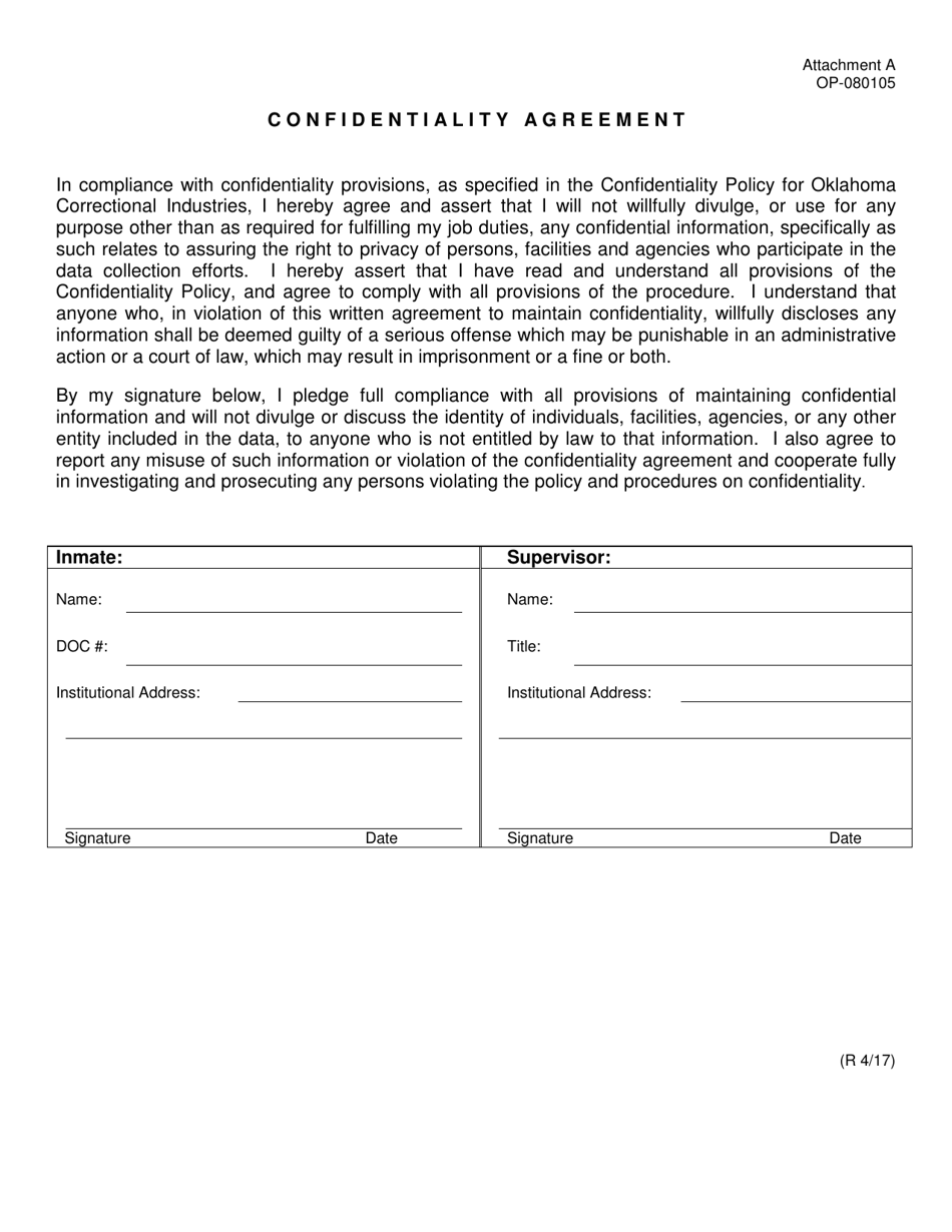 DOC Form OP-080105 Attachment A Confidentiality Agreement - Oklahoma, Page 1