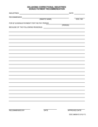 Document preview: DOC Form 080501D Oklahoma Correctional Industries Bonus Payment Recommendation - Oklahoma