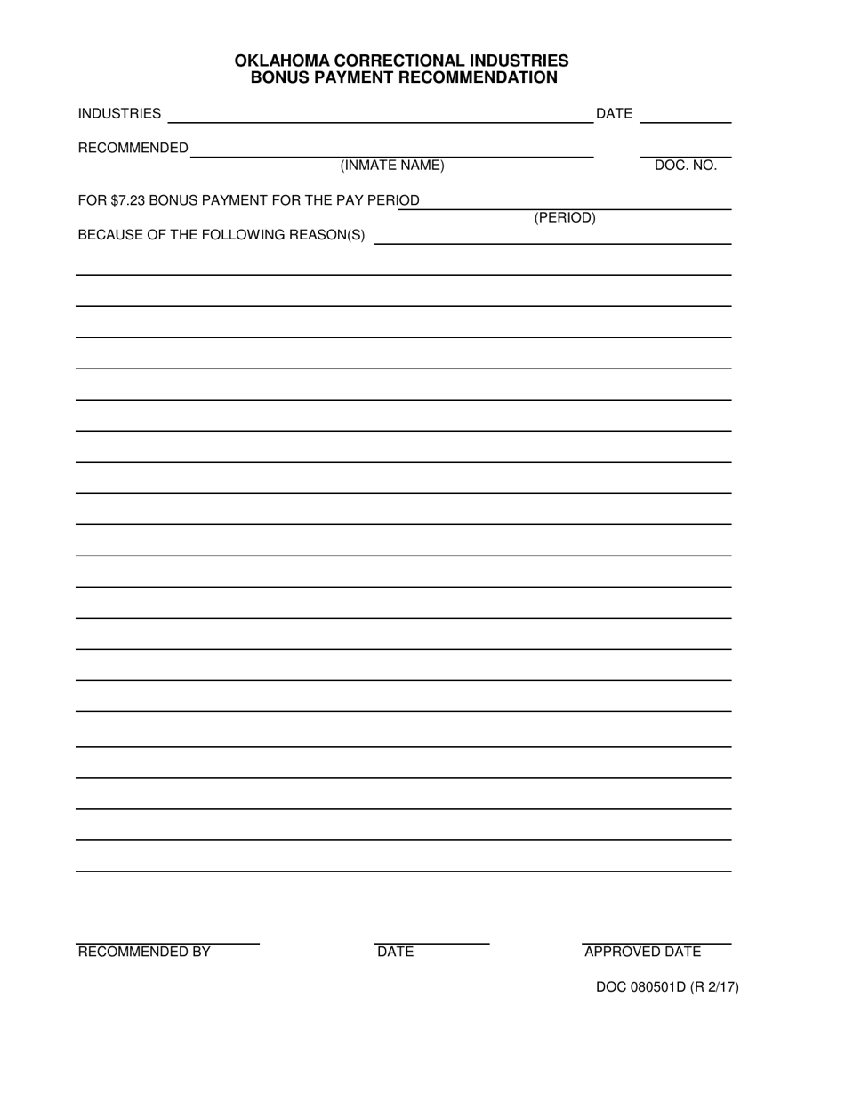 DOC Form 080501D Oklahoma Correctional Industries Bonus Payment Recommendation - Oklahoma, Page 1
