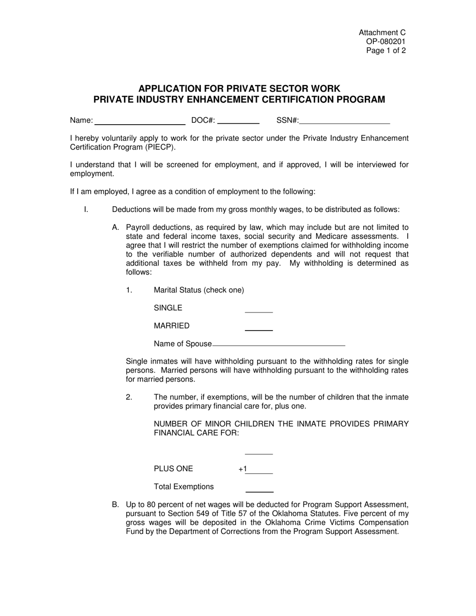 DOC Form OP-080201 Attachment C Application for Private Sector Work / Private Industry Enhancement Certification Program - Oklahoma, Page 1