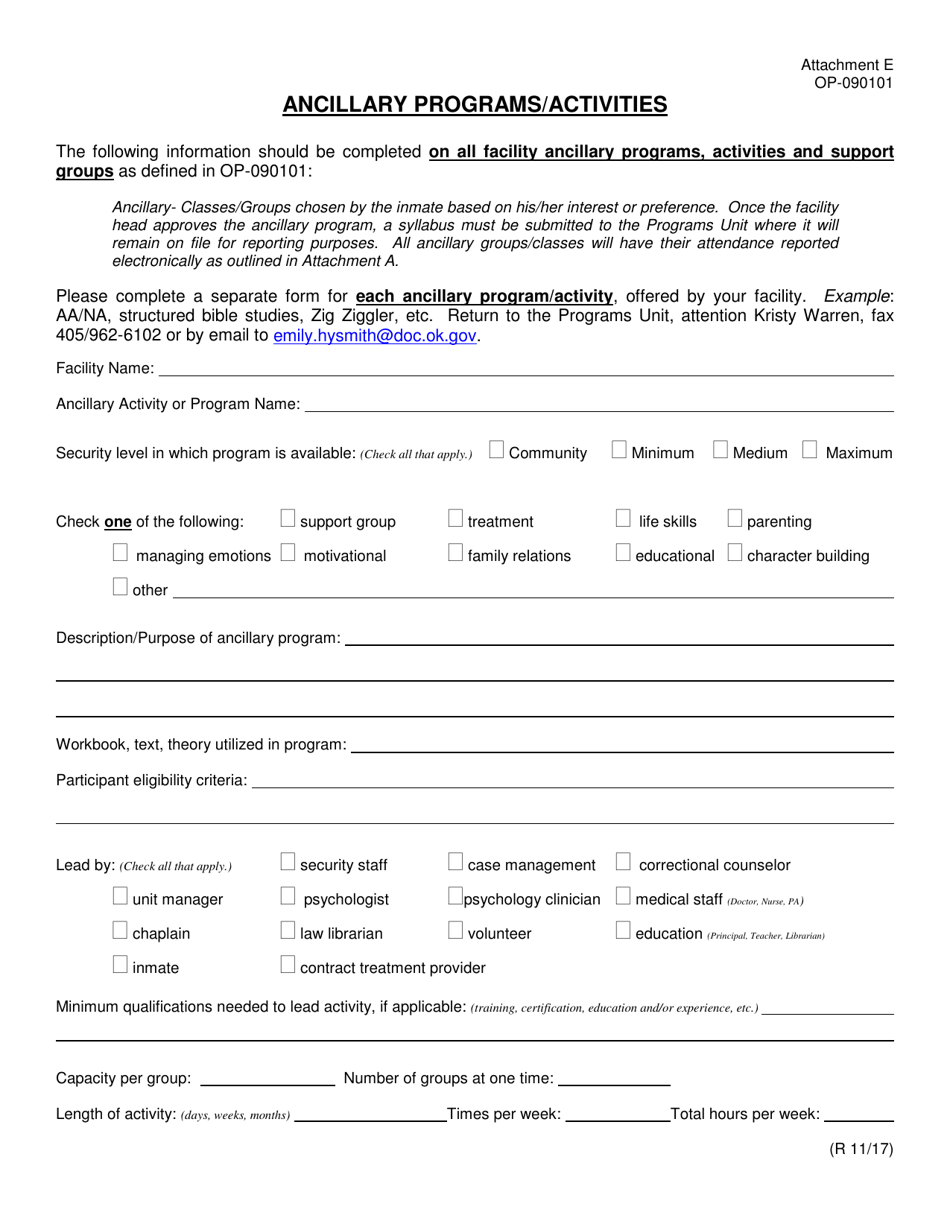 DOC Form OP-090101 Attachment E Ancillary Programs/Activities - Oklahoma, Page 1