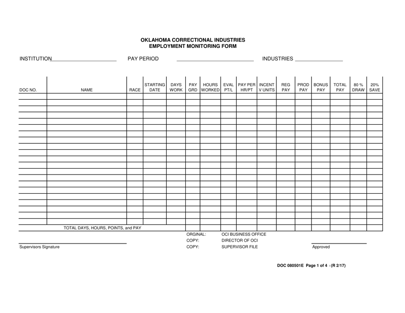 DOC Form OP-080501E Oklahoma Correctional Industries Employment Monitoring Form - Oklahoma