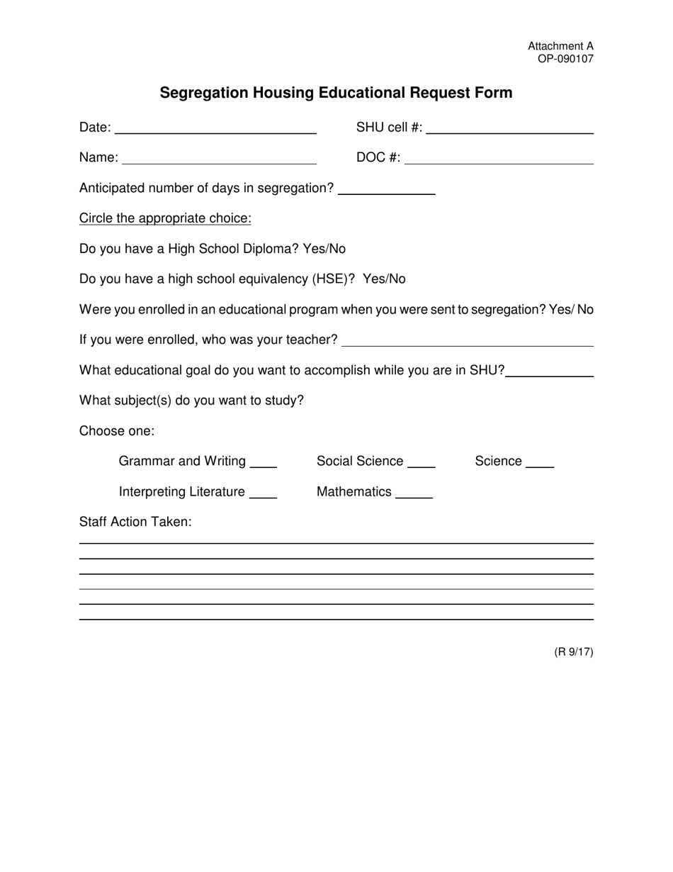 DOC Form OP-090107 Attachment A Segregation Housing Educational Request Form - Oklahoma, Page 1