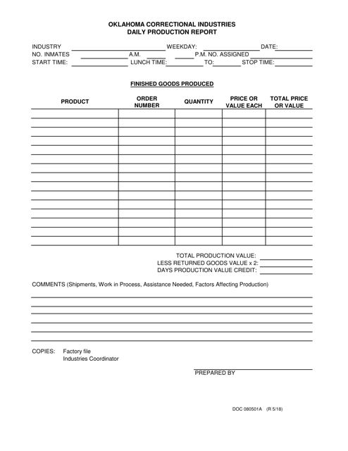 DOC Form OP-080501A Oklahoma Correctional Industries Daily Production Report - Oklahoma