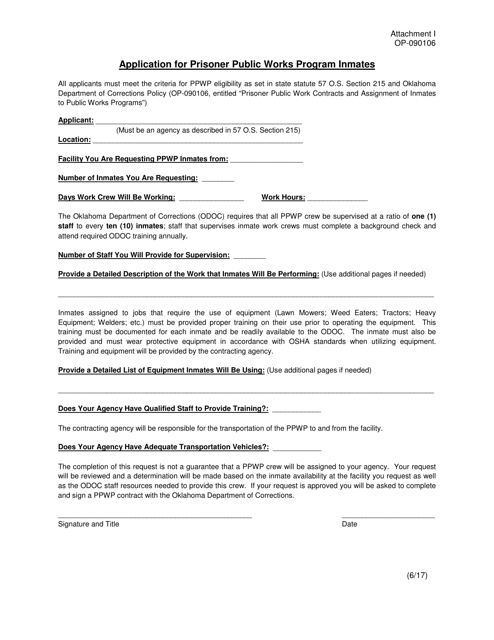 DOC Form OP-090106 Attachment I Application for Prisoner Public Works Program Inmates - Oklahoma