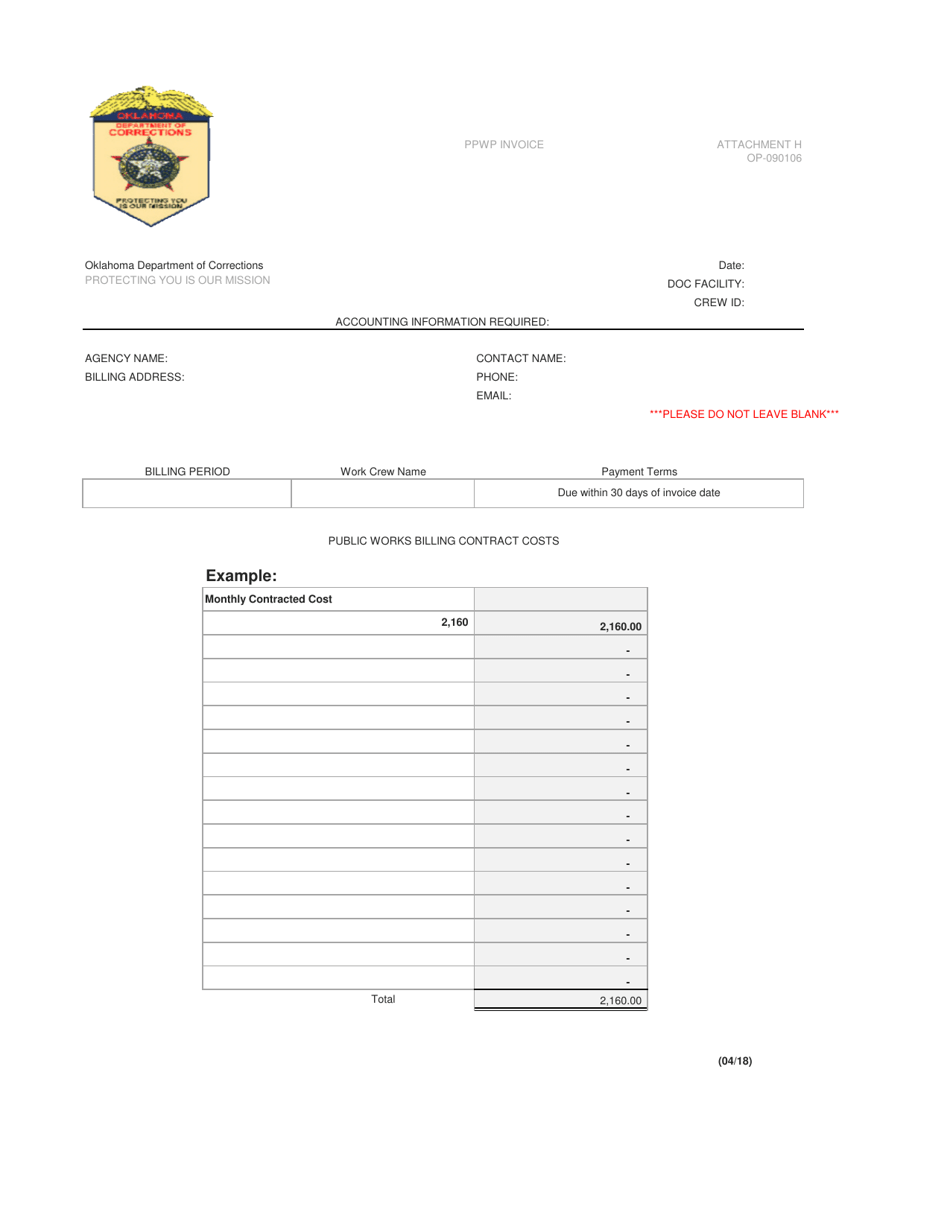 DOC Form OP-090106 Attachment H Ppwp Invoice - Oklahoma, Page 1