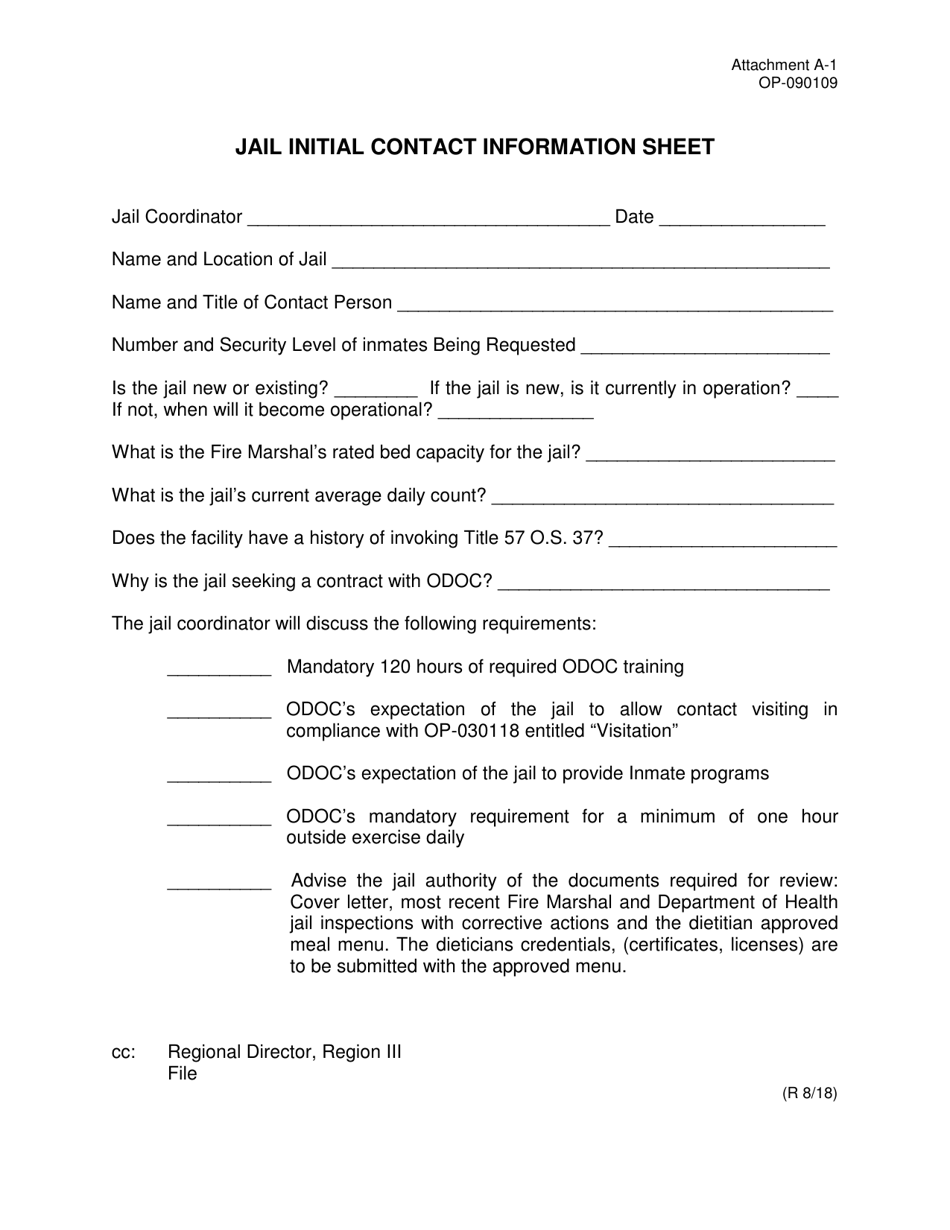 DOC Form OP-090109 Attachment A-1 Jail Initial Contact Information Sheet - Oklahoma, Page 1